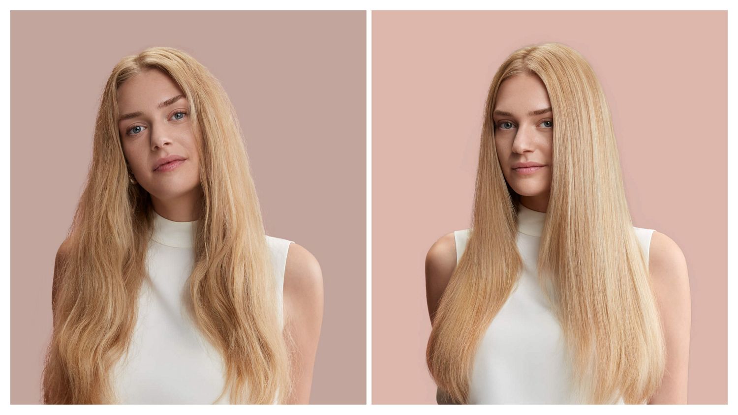 Before and after of model with long, straight hair styled with the Dyson Supersonic r hair dryer.