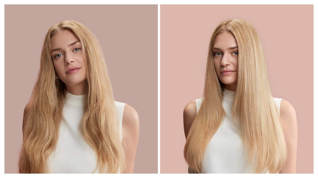 Model with long hair on the left before styling and she appears again on the right with styled hair.