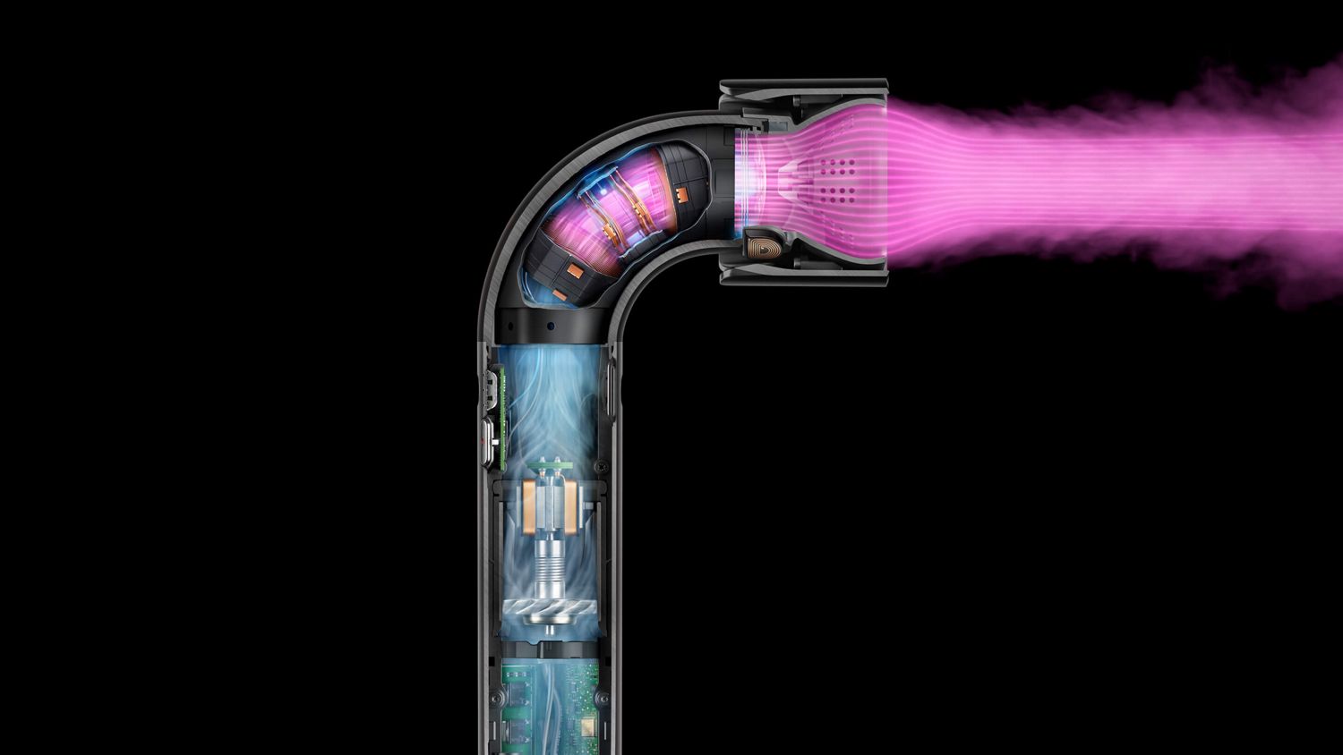 Cutaway of Dyson Supersonic r hair dryer showing the airflow through the device.