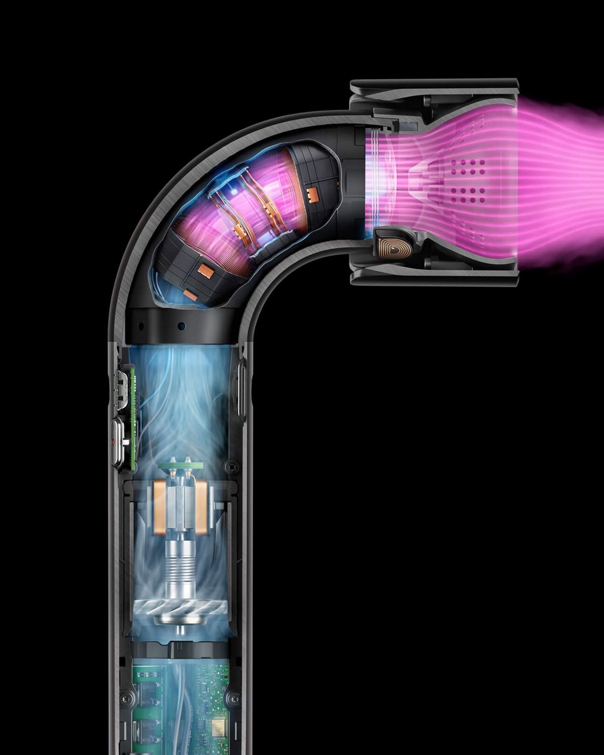 Sección transversal del secador de pelo Dyson Supersonic r que muestra el flujo de aire a través del dispositivo.