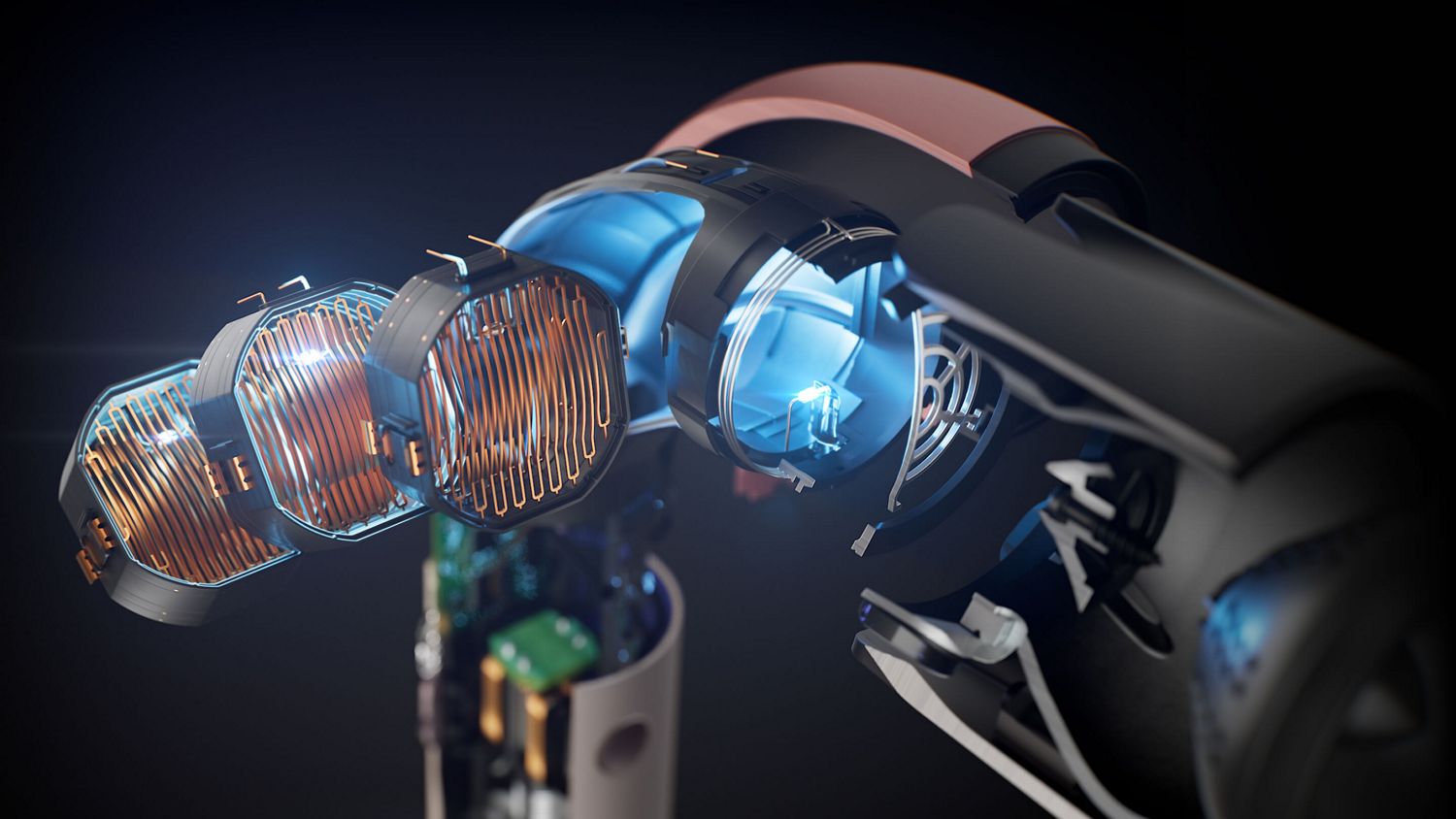 Cutaway of Dyson Supersonic r hair dryer showing the heater foils in the curve of the device.