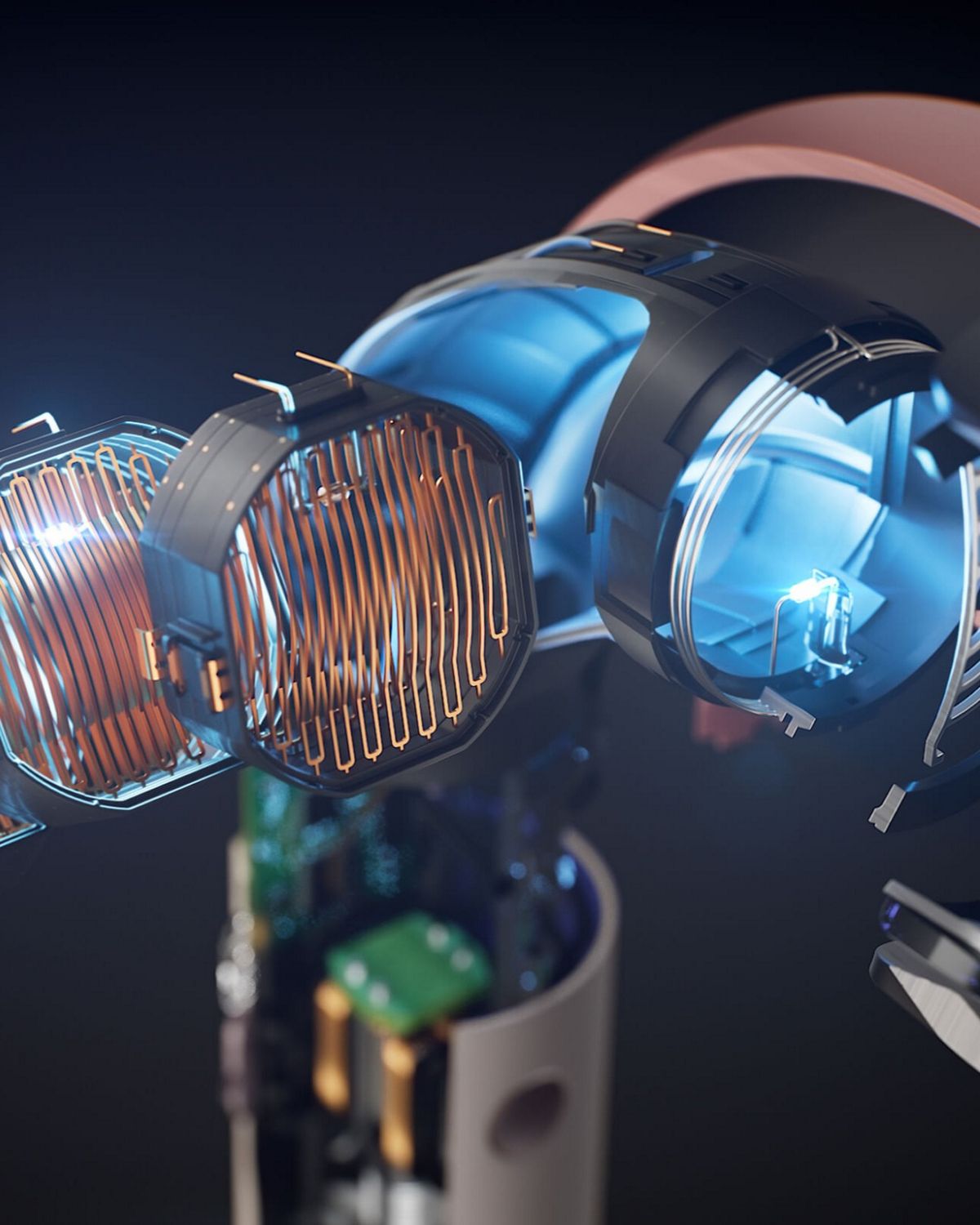Sección transversal del secador de pelo Dyson Supersonic r que muestra las láminas calefactoras en la curva del dispositivo.