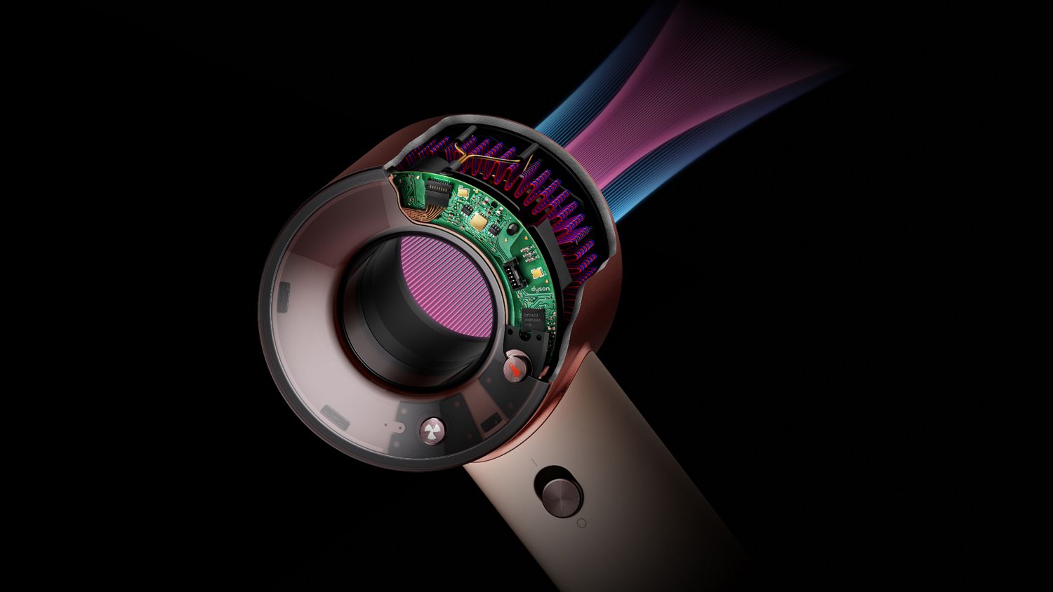 Cutaway showing the technology within the Dyson Supersonic Travel hair dryer.