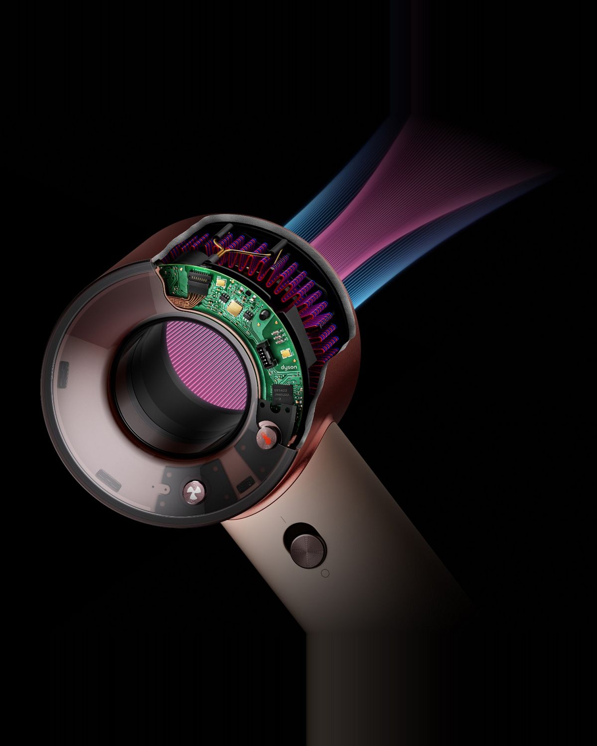 Cutaway showing the technology within the Dyson Supersonic Travel hair dryer.