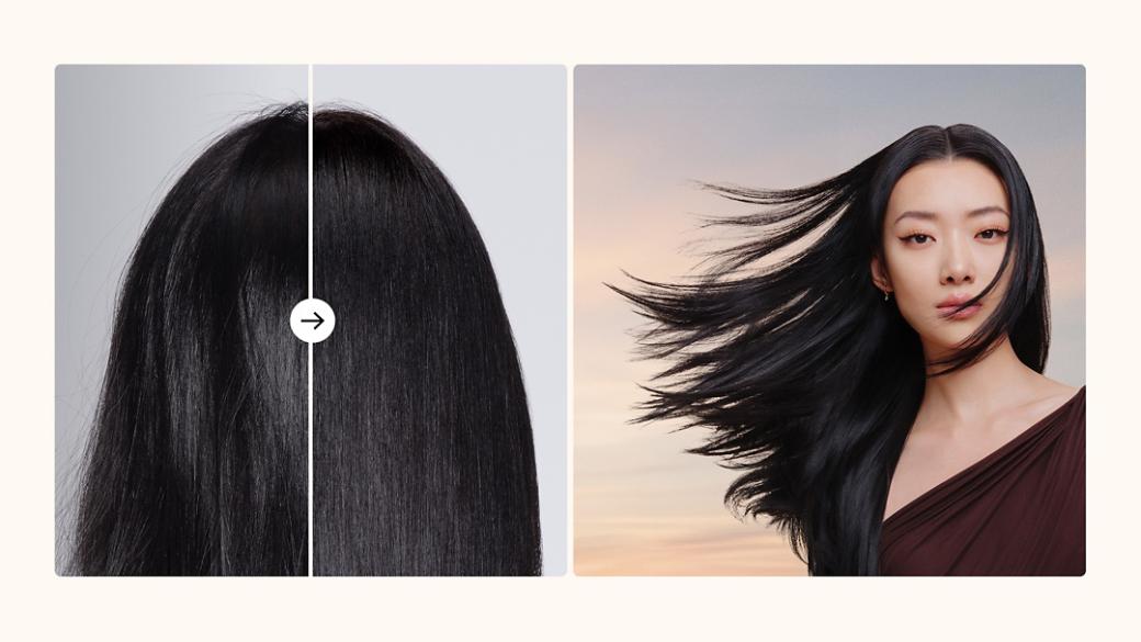 Foto sebelum dan sesudah seorang model yang menggunakan pengering rambut Dyson Supersonic Travel untuk mengeringkan dan menata rambutnya.