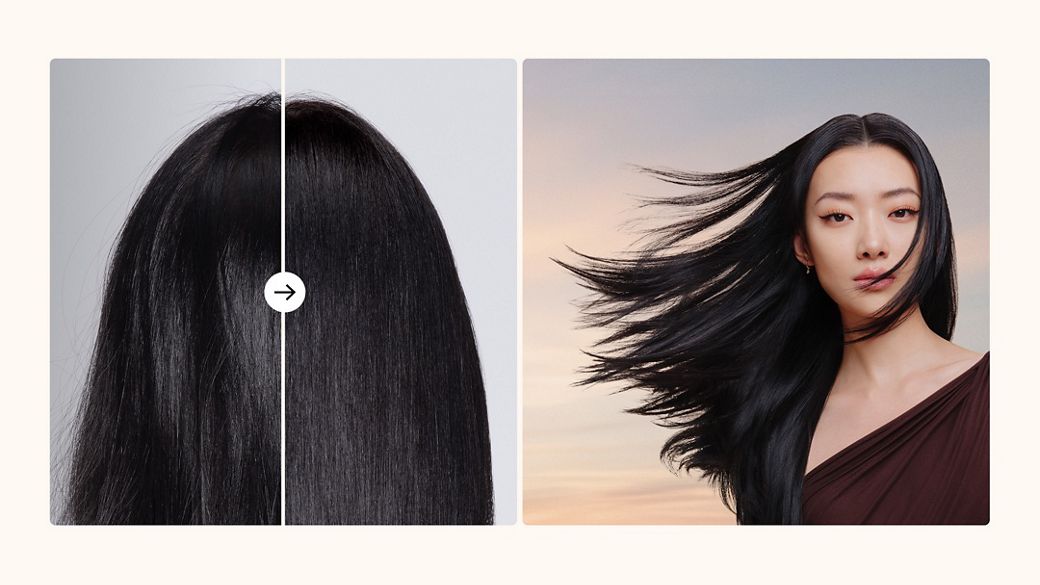 Foto sebelum dan sesudah seorang model yang menggunakan pengering rambut Dyson Supersonic Travel untuk mengeringkan dan menata rambutnya.