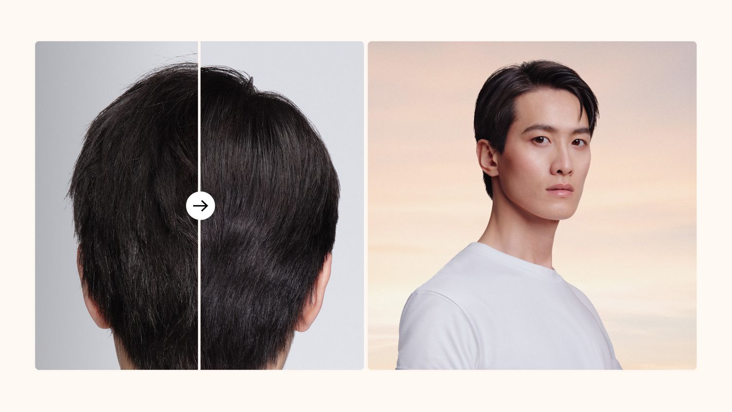 ダイソン スーパーソニック トラベル ヘアドライヤーで髪を乾かしスタイリングした、ショートヘアのモデルのビフォーアフター