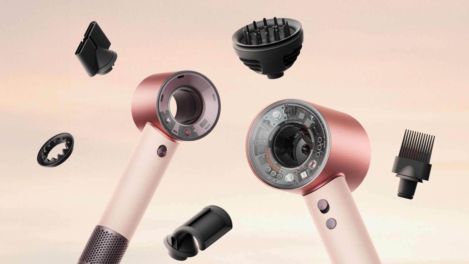 Dyson Supersonic Nural and Travel hair dryers surrounded by attachments.