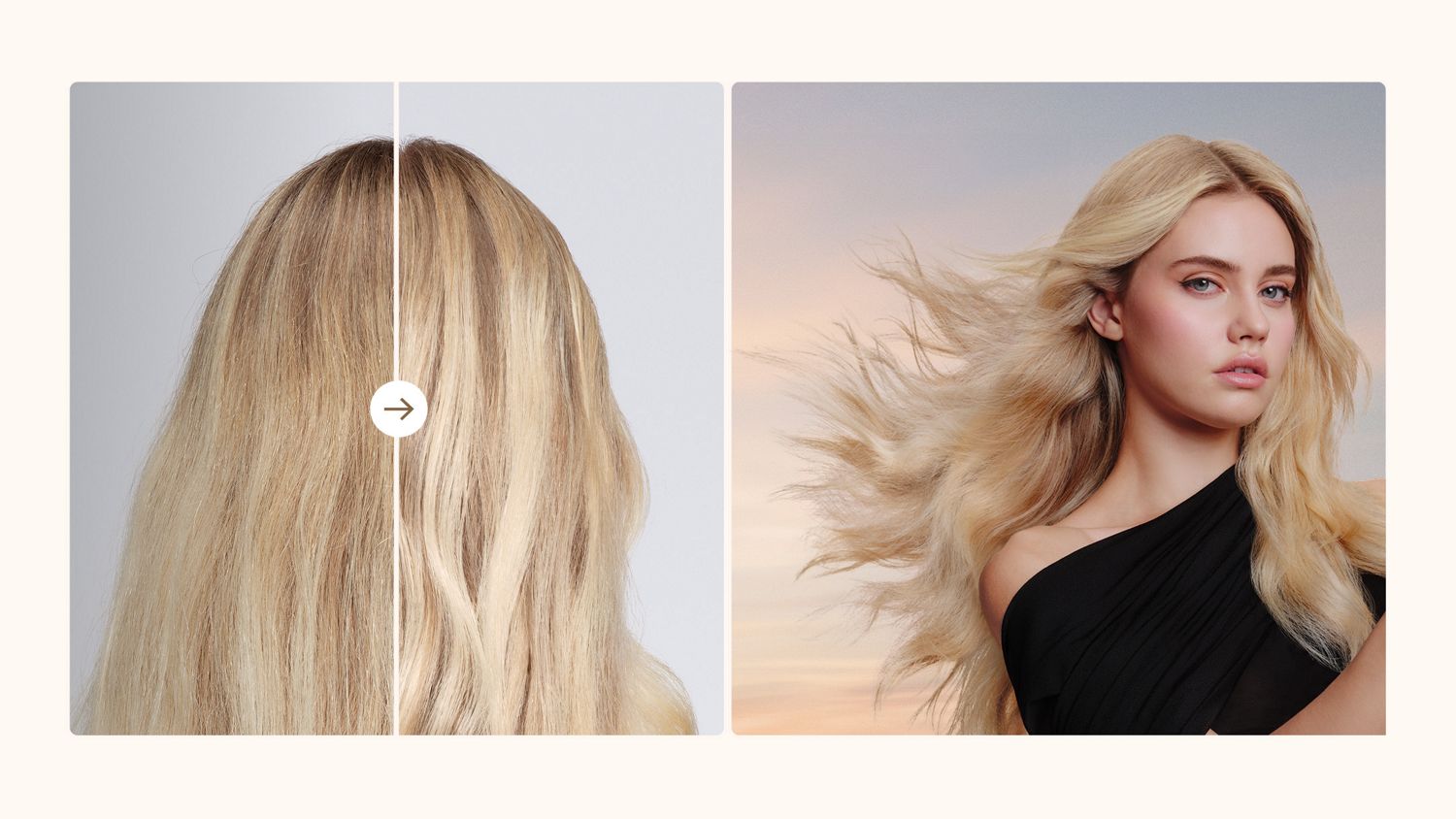 Before and after of a model using the Dyson Supersonic Travel hair dryer to dry and style their hair.