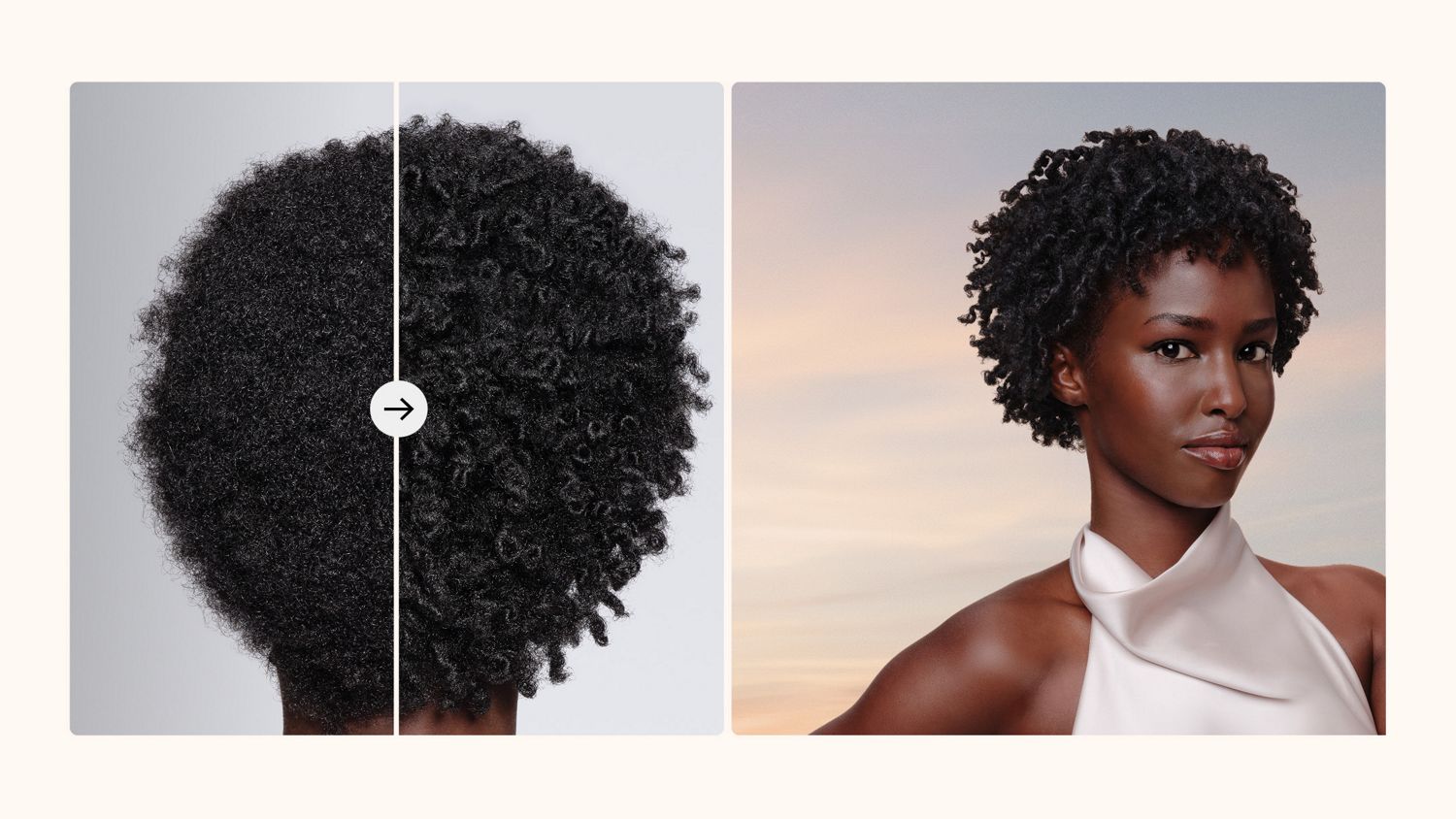 Before and after of a model with short hair using the Dyson Supersonic Travel hair dryer to dry and style their hair.