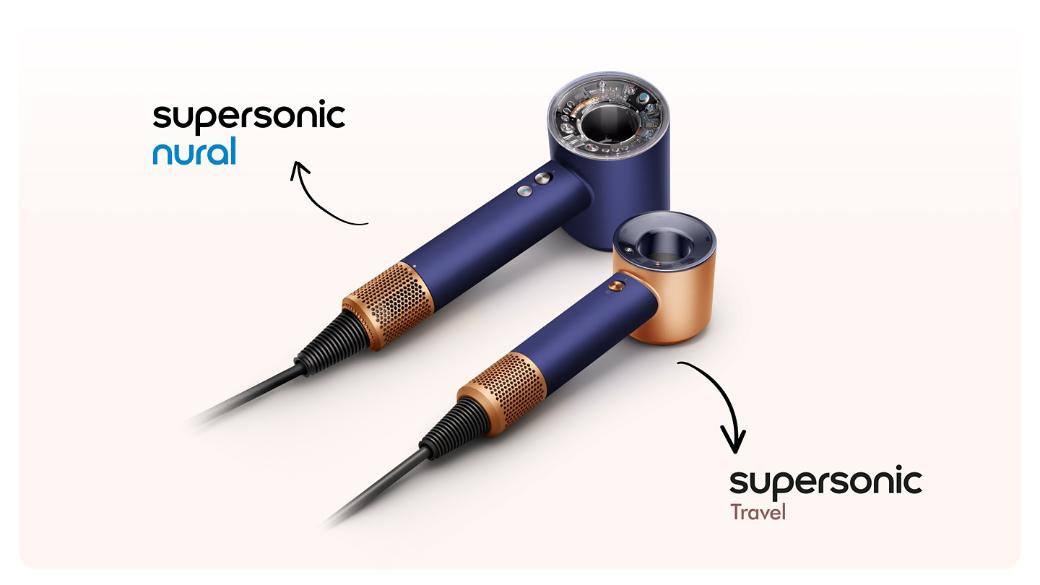 Dyson Supersonic Nural ve Travel saç kurutma makineleri yan yana.