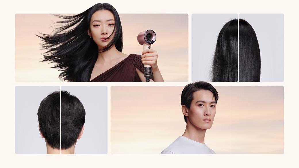 A range of models with hair dried and styled with the Dyson Supersonic Travel hair dryer.