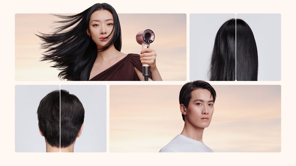 A range of models with hair dried and styled with the Dyson Supersonic Travel hair dryer.