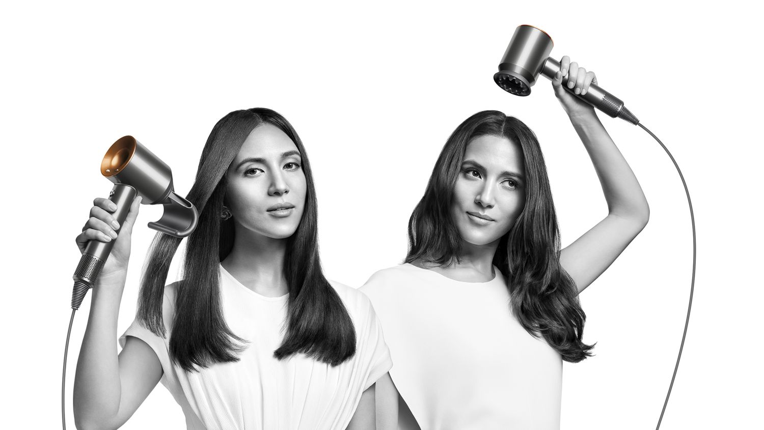 The Dyson Supersonic hair dryer is used by two models to style their straight and wavy hair.