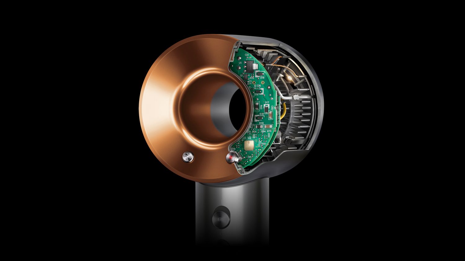 Cutaway graphic showing the heat control technology inside the Dyson Supersonic hair dryer.