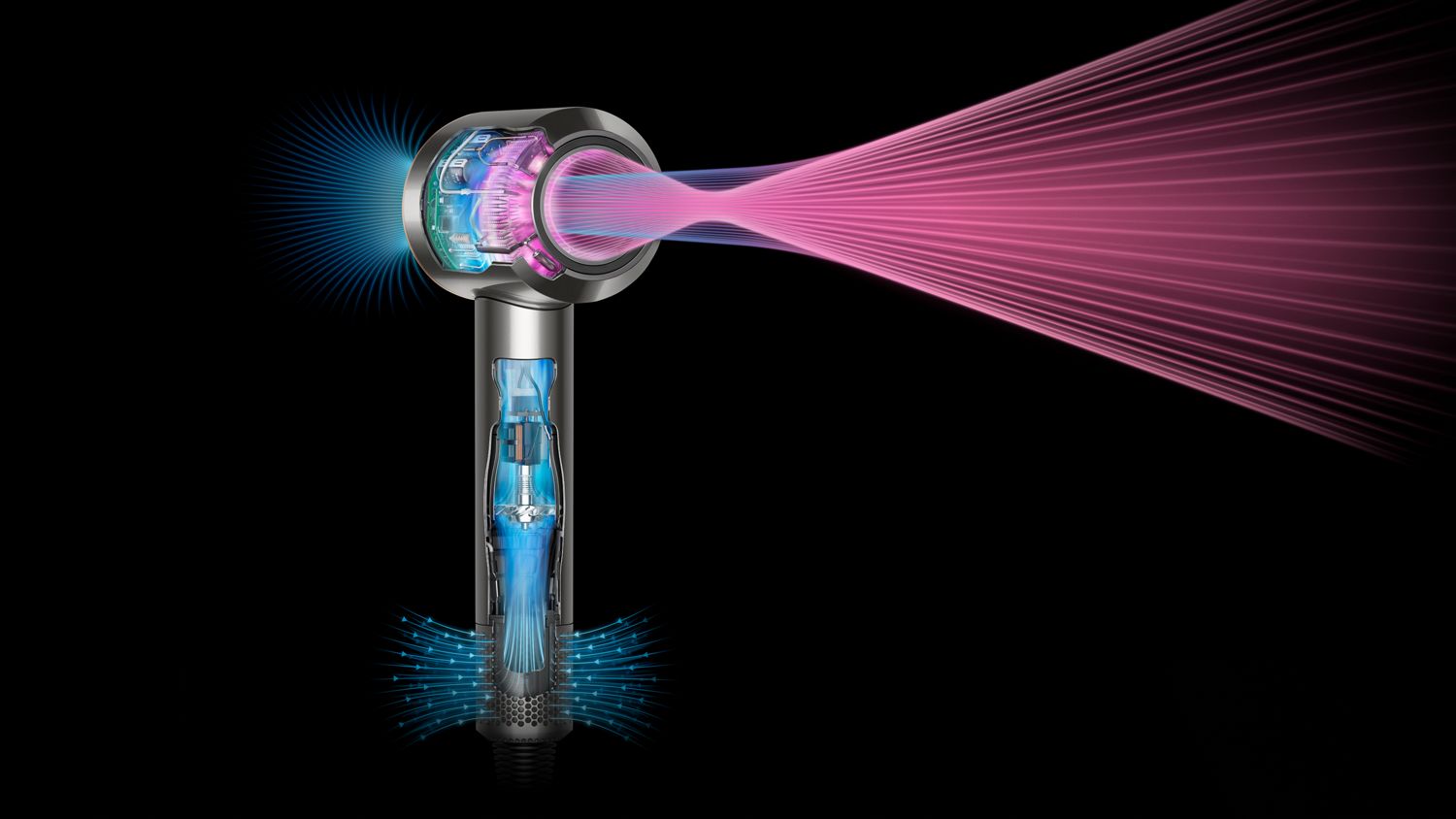 The Dyson digital motor V9 inside the Supersonic hair dryer projects a powerful airflow.