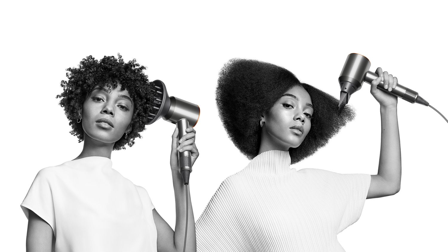 The Dyson Supersonic hair dryer is used by two models to style their curly to coily hair.