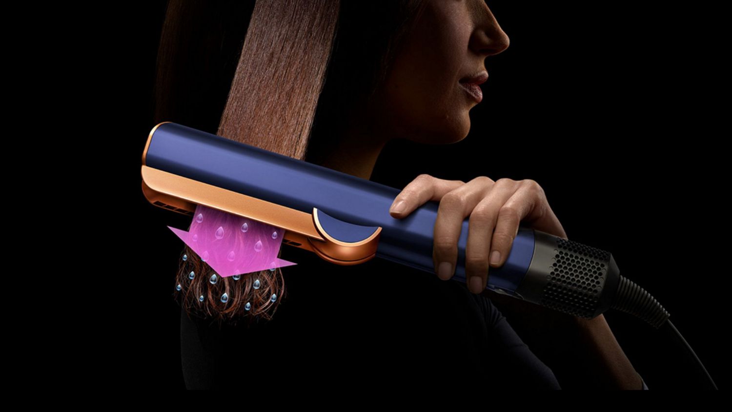 The Dyson Airstrait straightener is used to dry and style hair from wet.