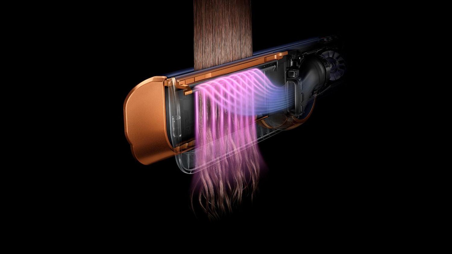Cutaway graphic showing how air is shaped by the Dyson Airstrait to straighten hair without extreme heat.