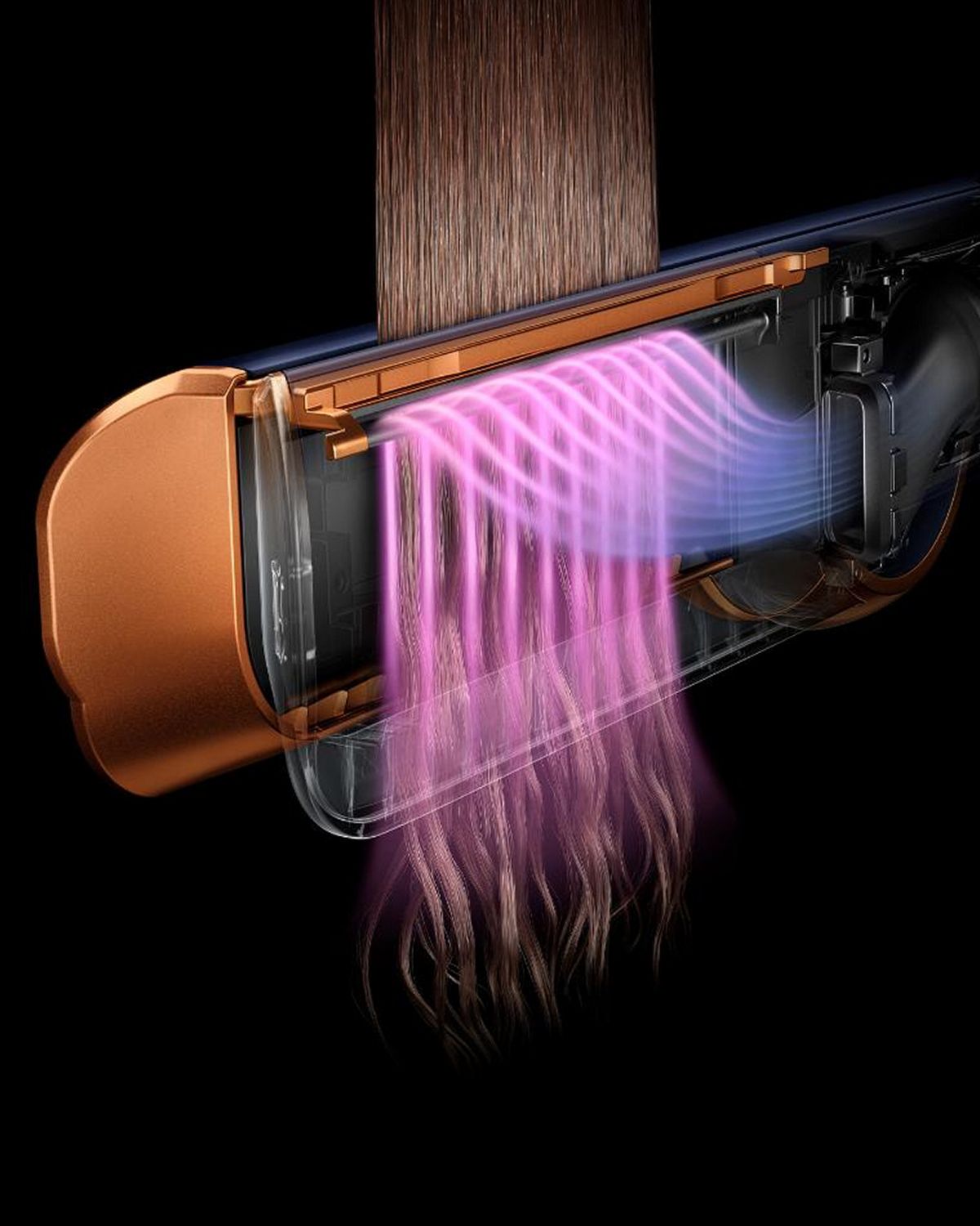 Cutaway graphic showing how air is shaped by the Dyson Airstrait to straighten hair without extreme heat.