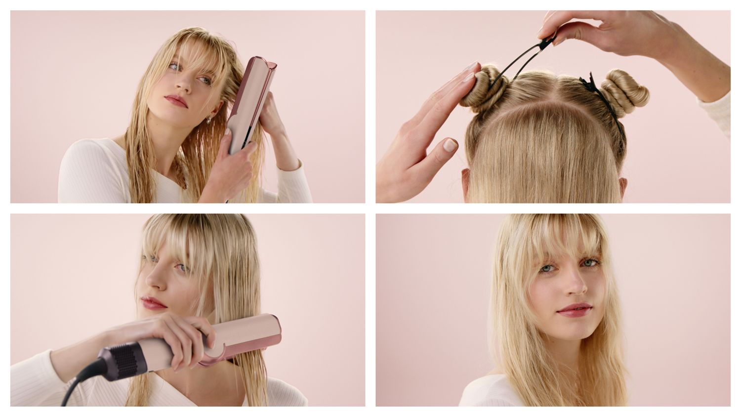 A gridSteps to styling hair with the Dyson Airstrait. Towel dry hair, then pre-dry roots with the machine. Section hair using hair clips and use the Cold shot to finish the look.