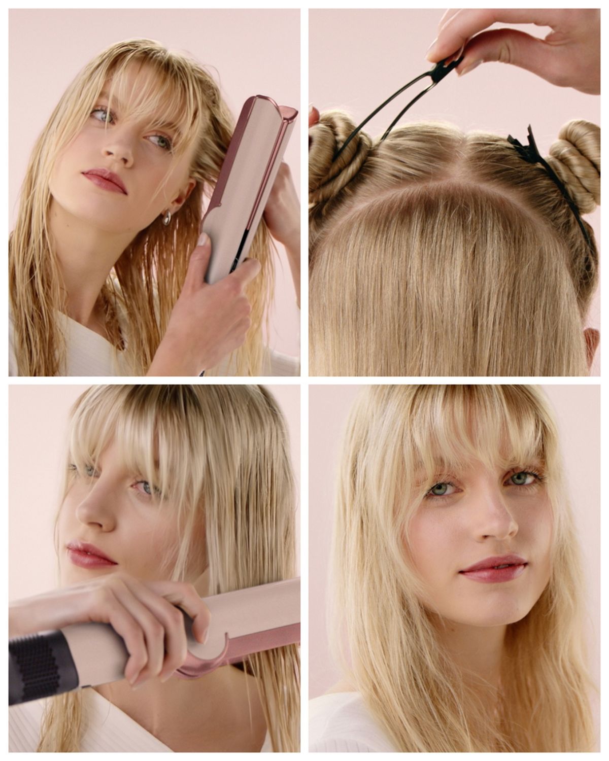 A gridSteps to styling hair with the Dyson Airstrait. Towel dry hair, then pre-dry roots with the machine. Section hair using hair clips and use the Cold shot to finish the look.