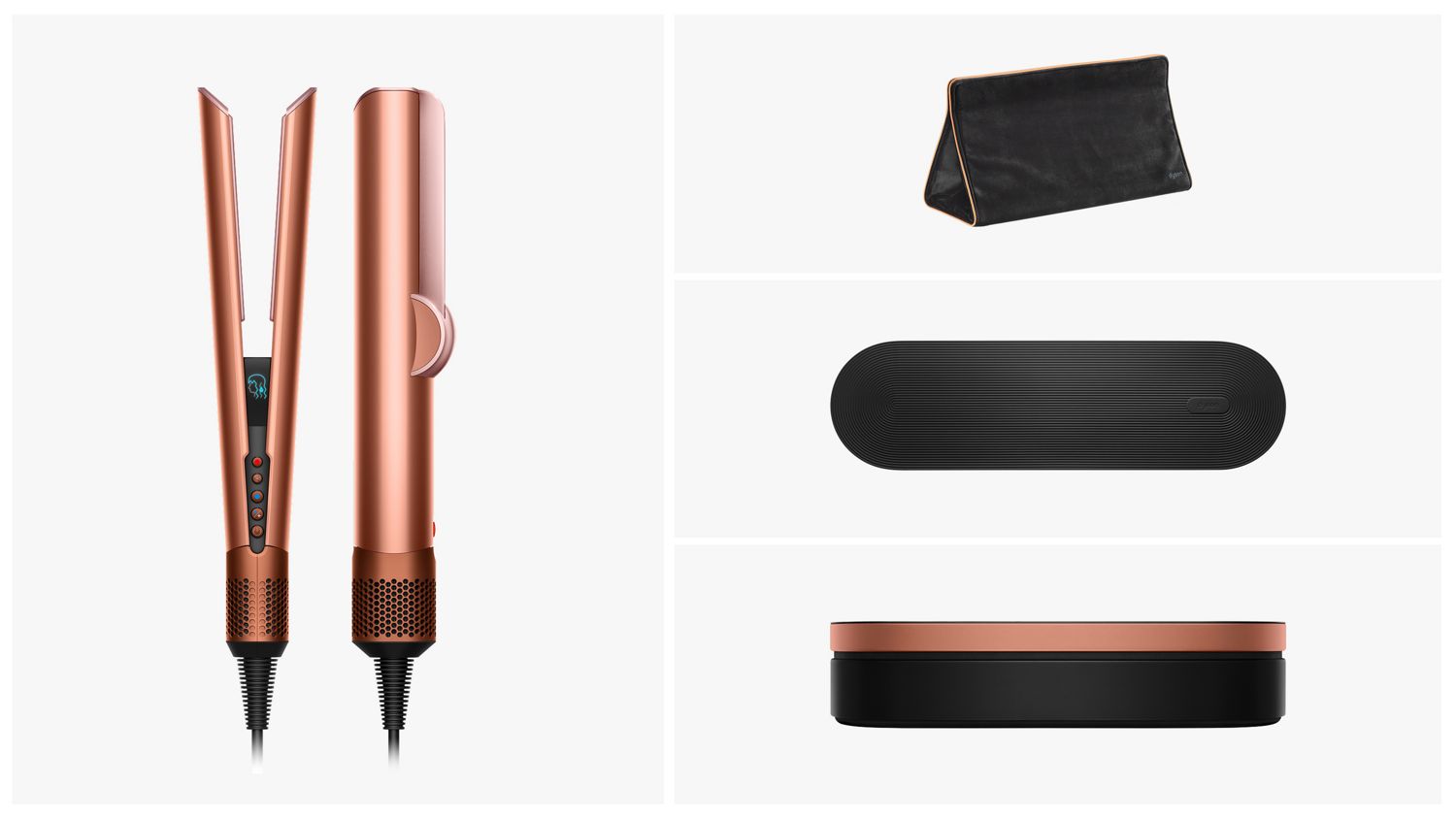 Dyson Airstrait Straightener with its accessories, including a mat and case.