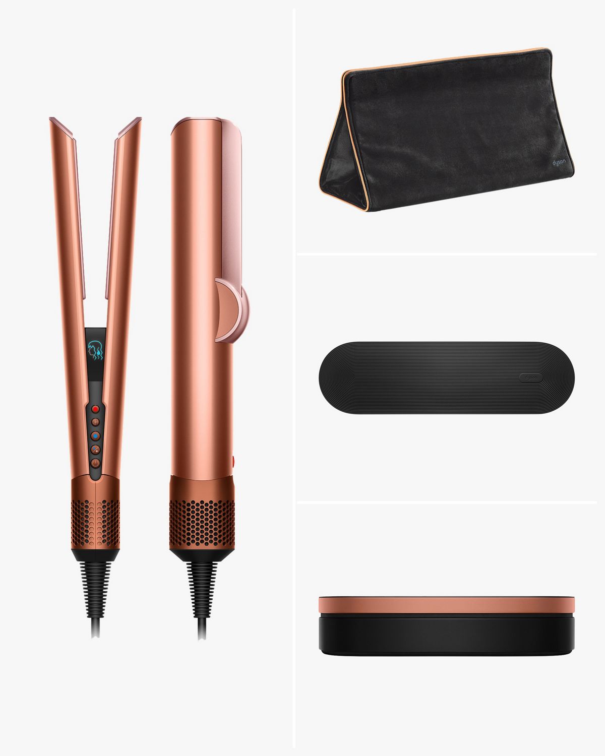 Dyson Airstrait Straightener with its accessories, including a mat and case.