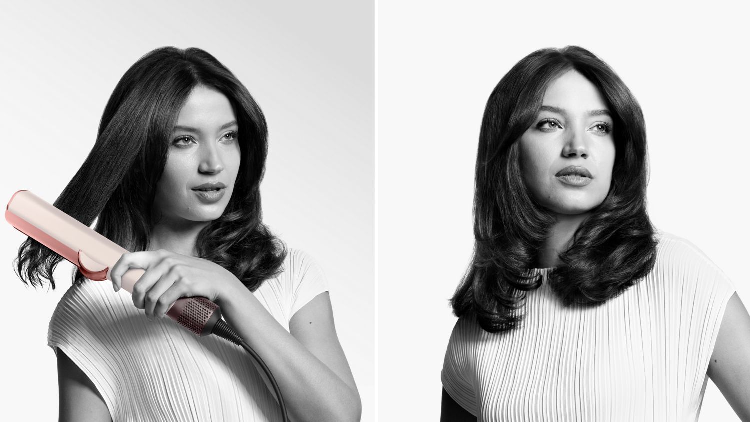 Woman using a Dyson Airstrait to style her hair, before and after shots showing the straightened result.