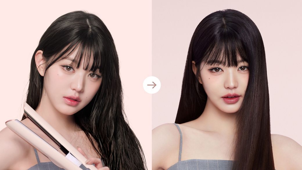 模特兒使用 Dyson Airstrait 二合一吹風直髮器由濕髮開始吹乾並造型。