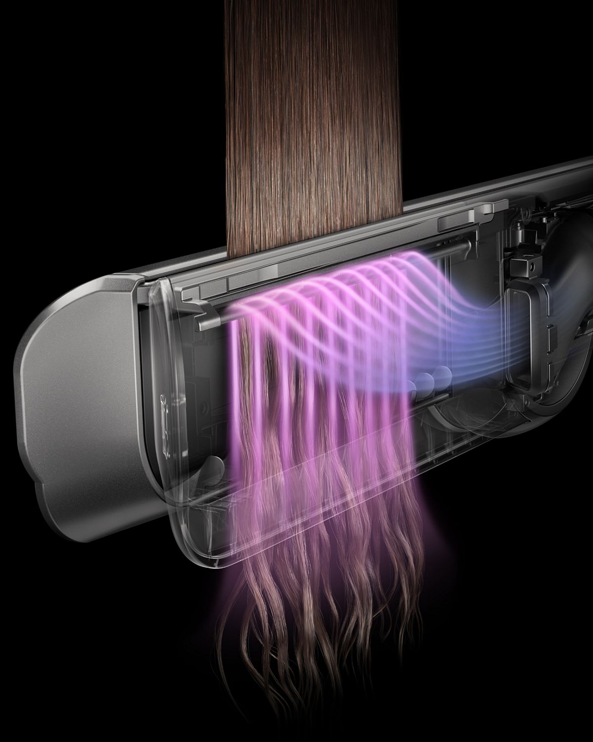 Läpileikkaus näyttää ilmavirran Dyson Airstrait -suoristusraudan läpi.