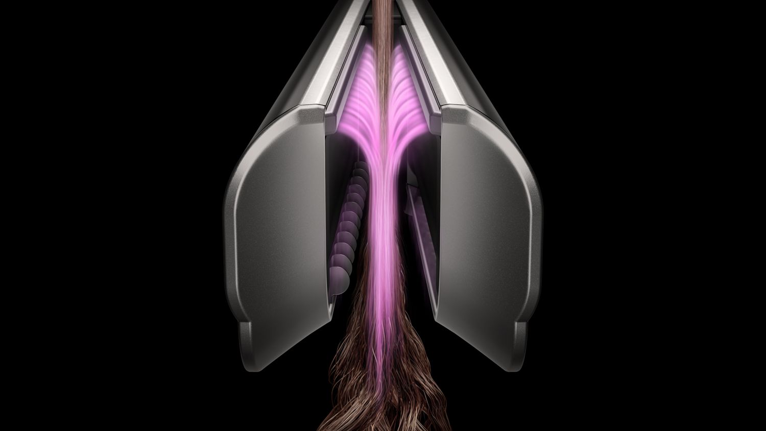 Pinke Grafiken zeigen den Luftstrom über den integrierten Kamm auf dem Dyson Airstrait Haartrockner und -glätter.
