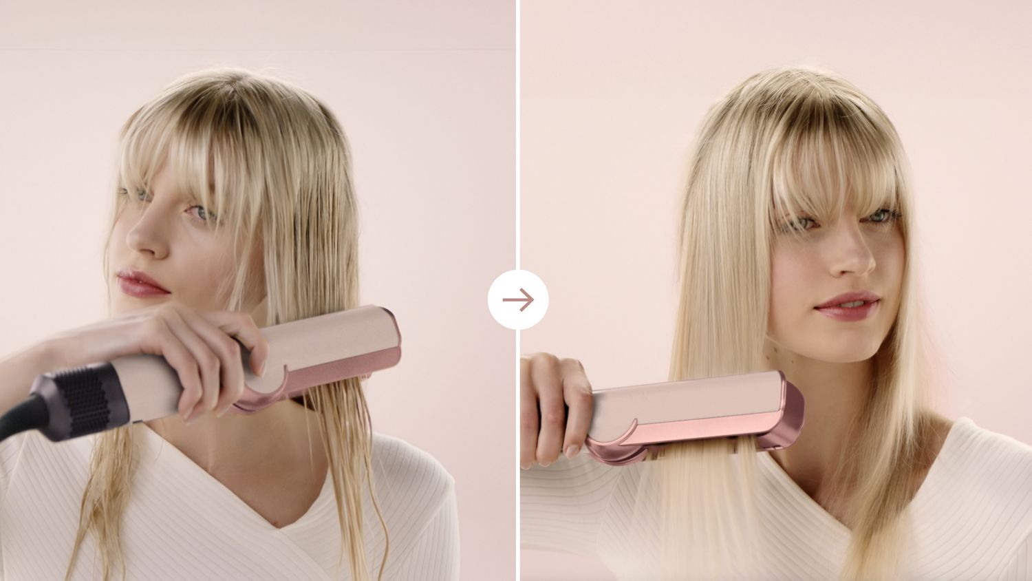 Ein Model trocknet und stylt ihr Haar vom nassen Zustand mit dem Dyson Airstrait Haartrockner und -glätter.