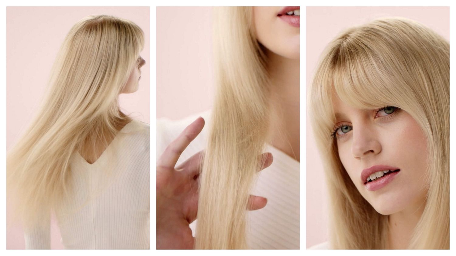 Trio of images of a model with long blonde hair styled with the Dyson Airstrait dryer and straightener.  