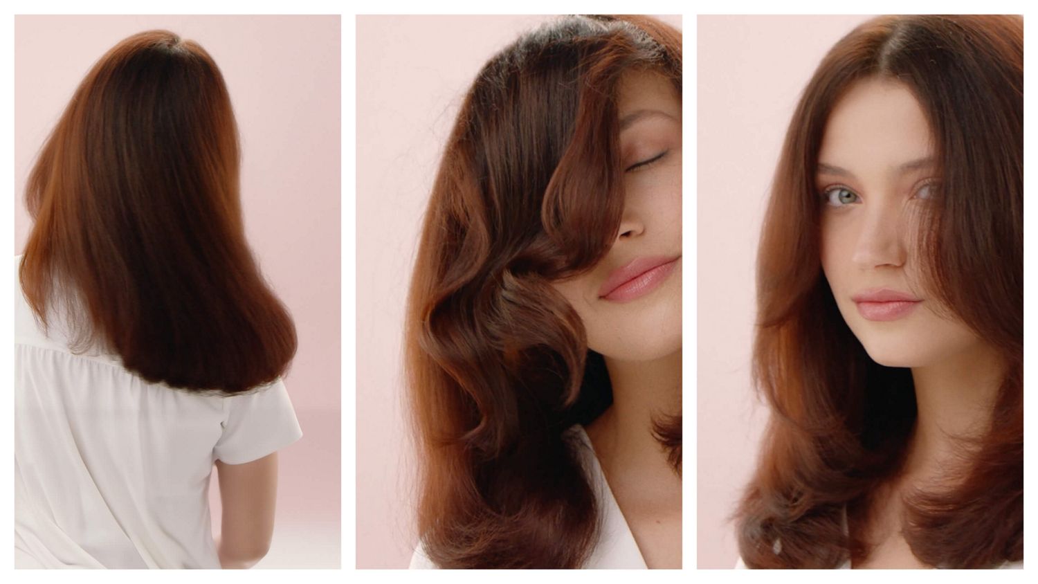 Trio of images of a model with dark hair styled with the Dyson Airstrait dryer and straightener.  