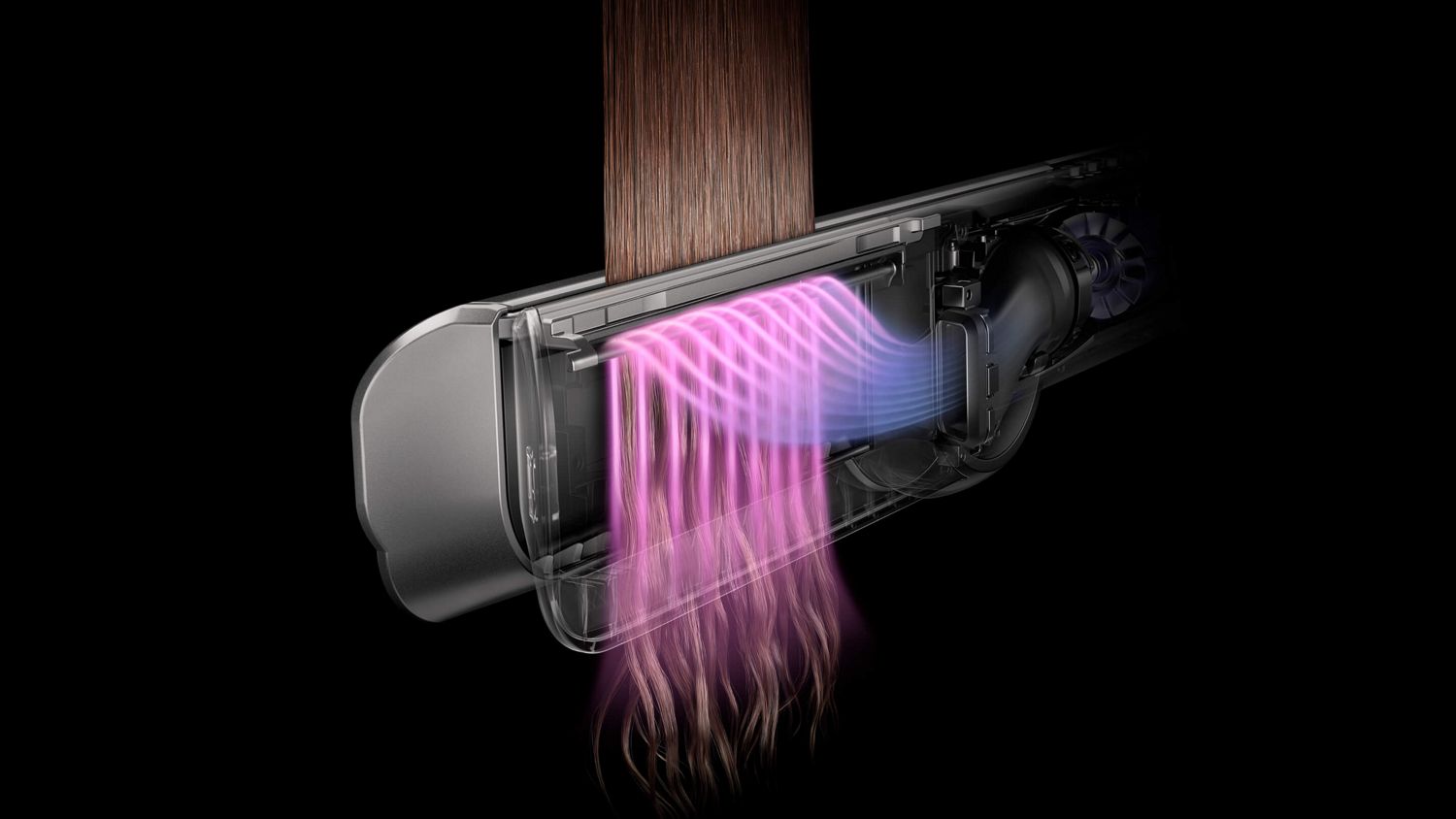 Cutaway of the Dyson Airstrait dryer and straightener showing how airflow is channelled through the device.
