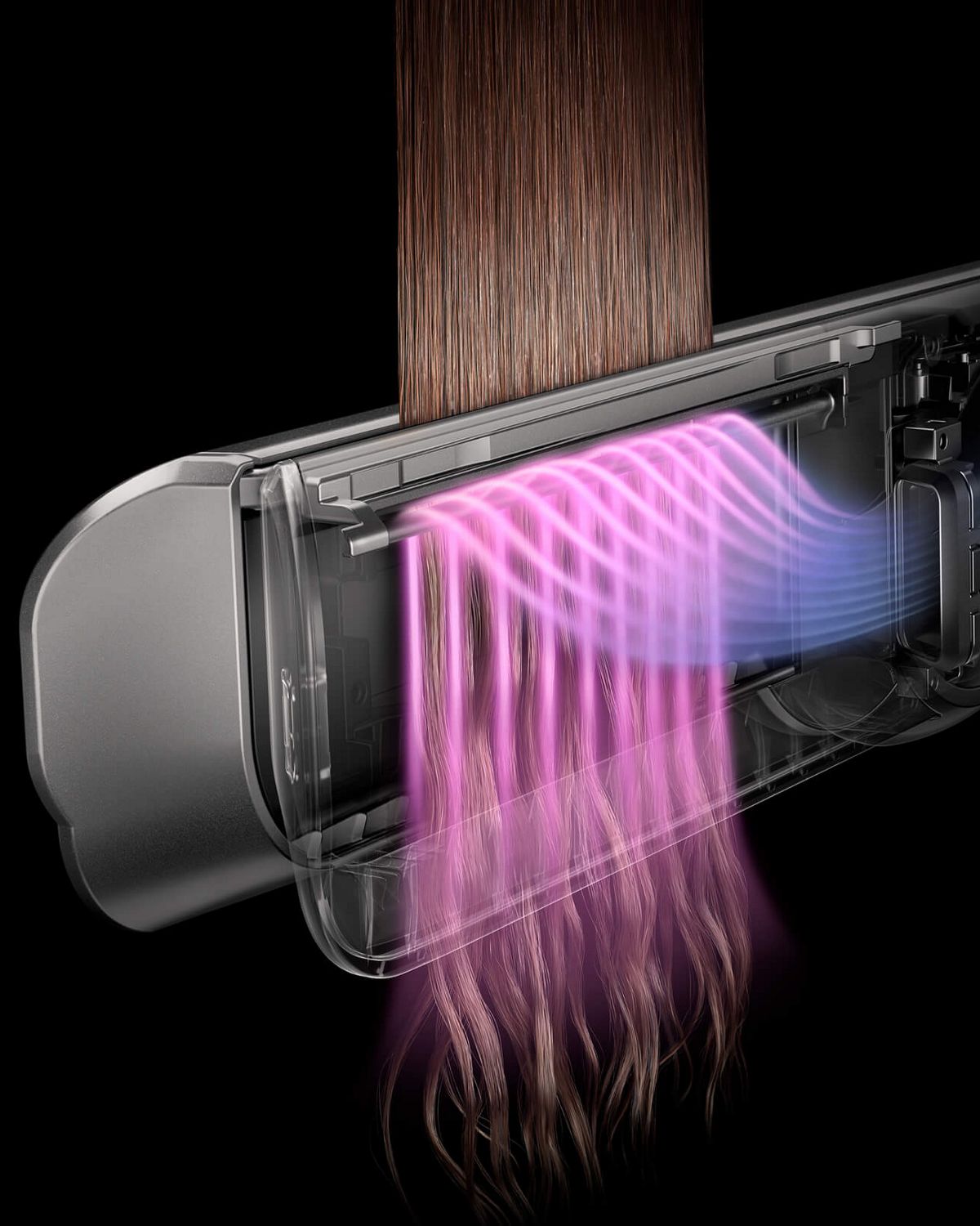 Cutaway of the Dyson Airstrait dryer and straightener showing how airflow is channelled through the device.