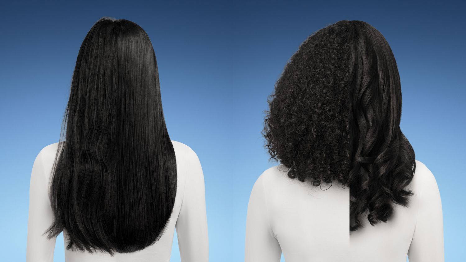 Before and after images of hair styled with the Dyson Corrale CoolShine hair straightener.