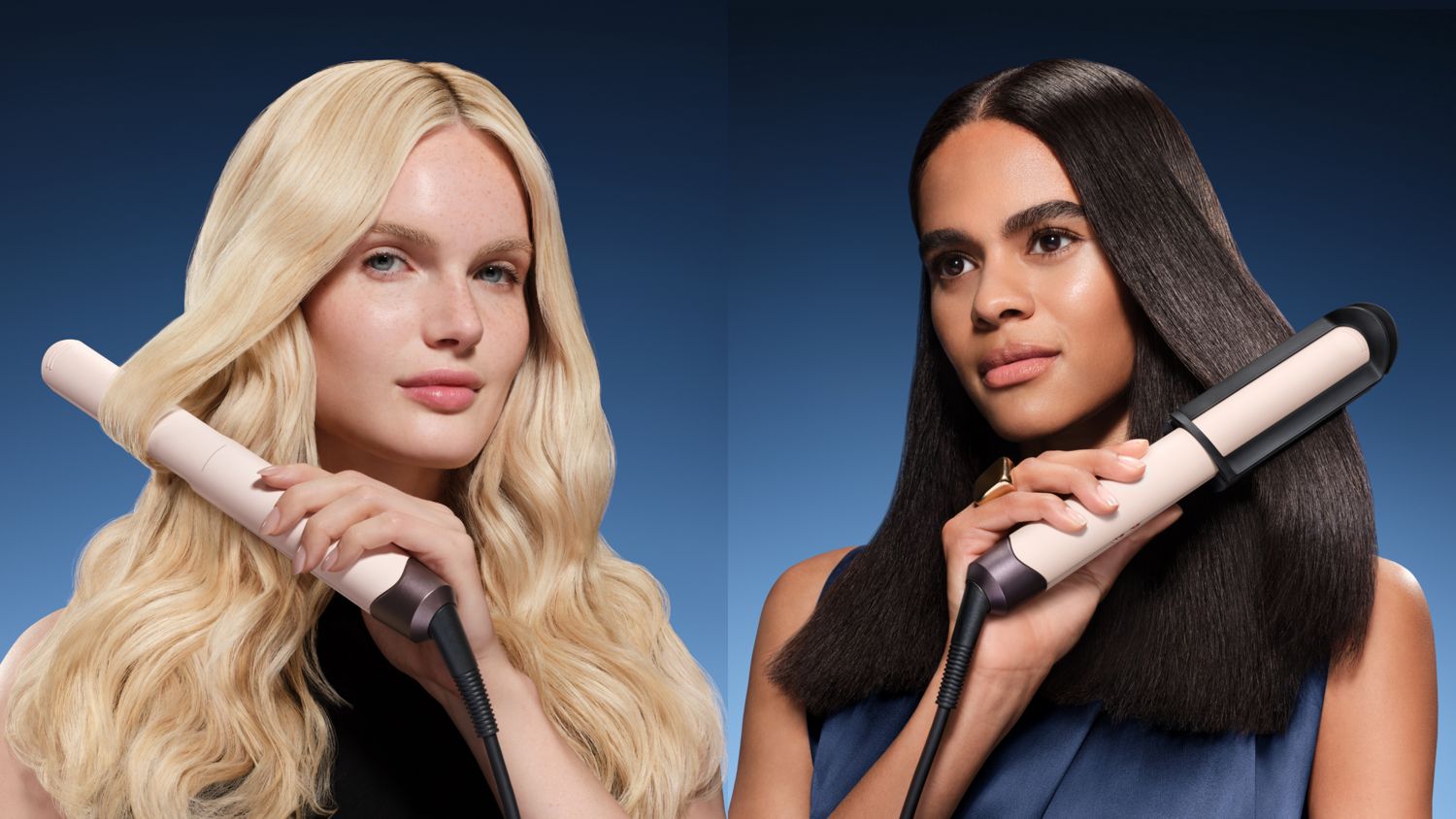 Pair of models style their hair with the Dyson Corrale CoolShine hair straightener.