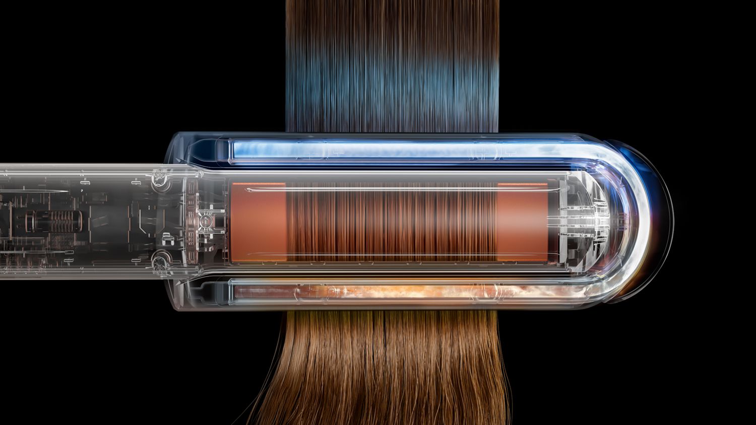 Cutaway showing the Heat-extracting pipes on the Dyson Corrale CoolShine hair straightener.