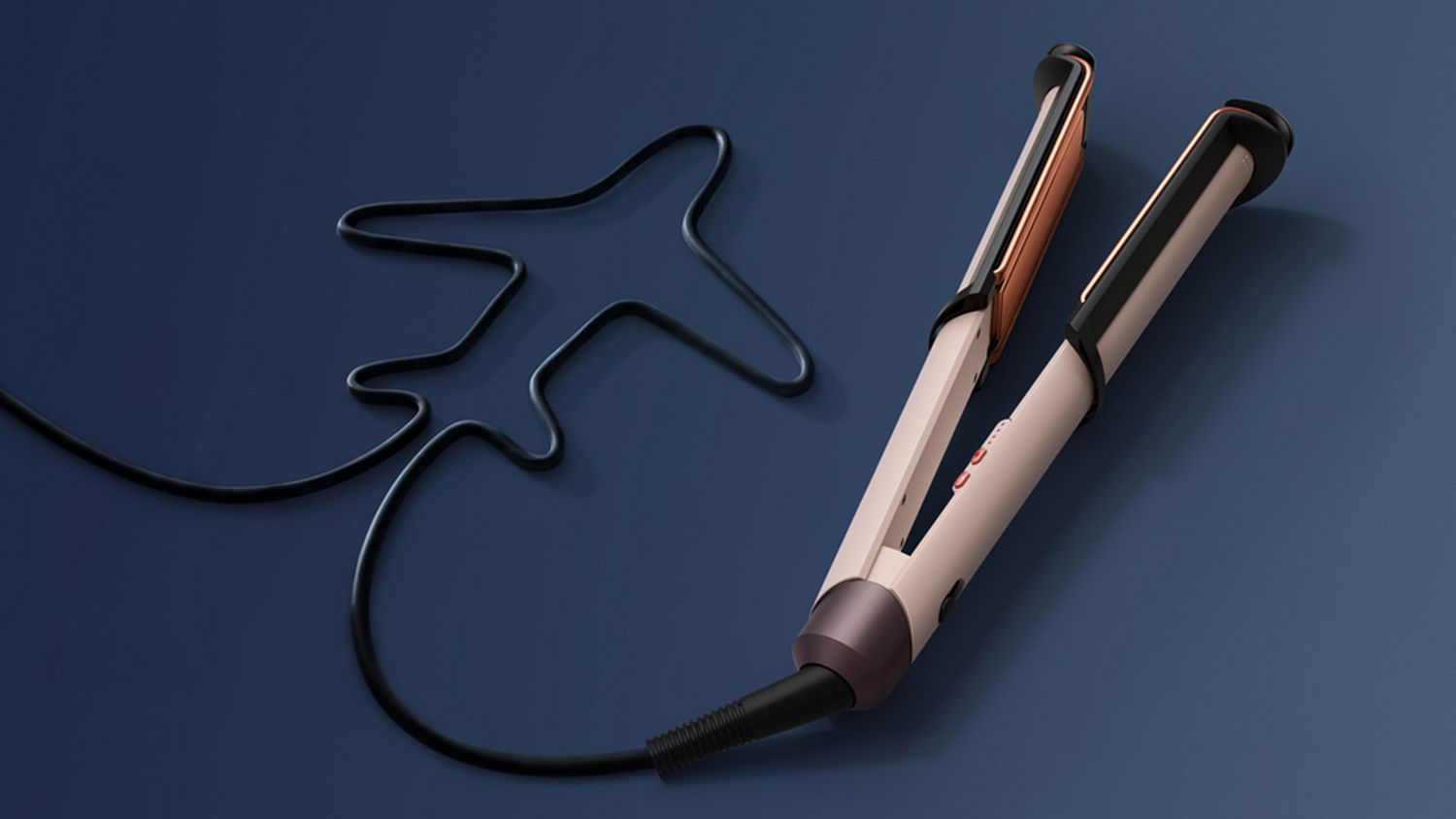 Dyson Corrale CoolShine hair straightener with cable shaped like an airplane.
