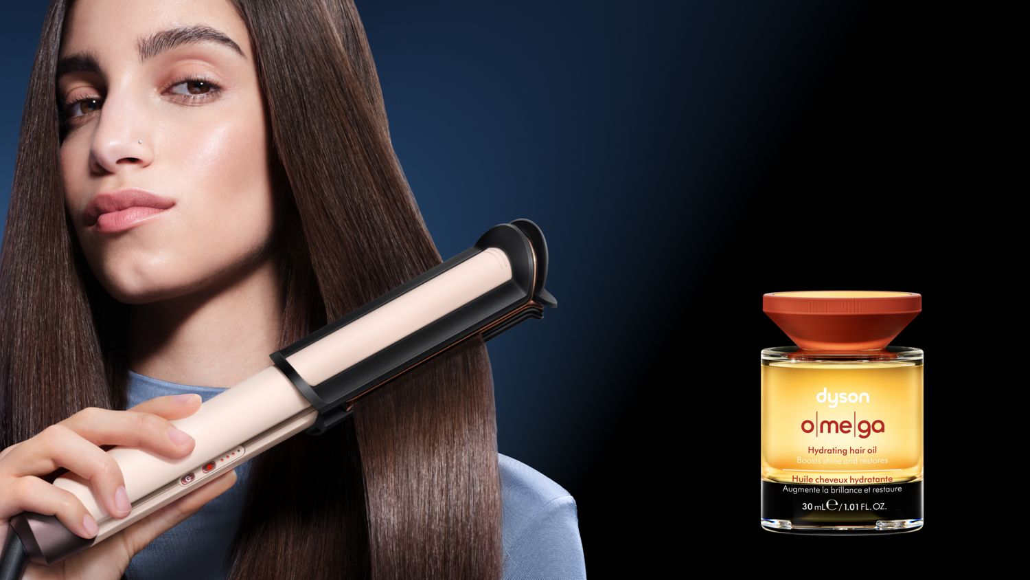 Dyson Omega hydrating hair oil next to a model styling her hair with the Dyson Corrale CoolShine hair straightener.