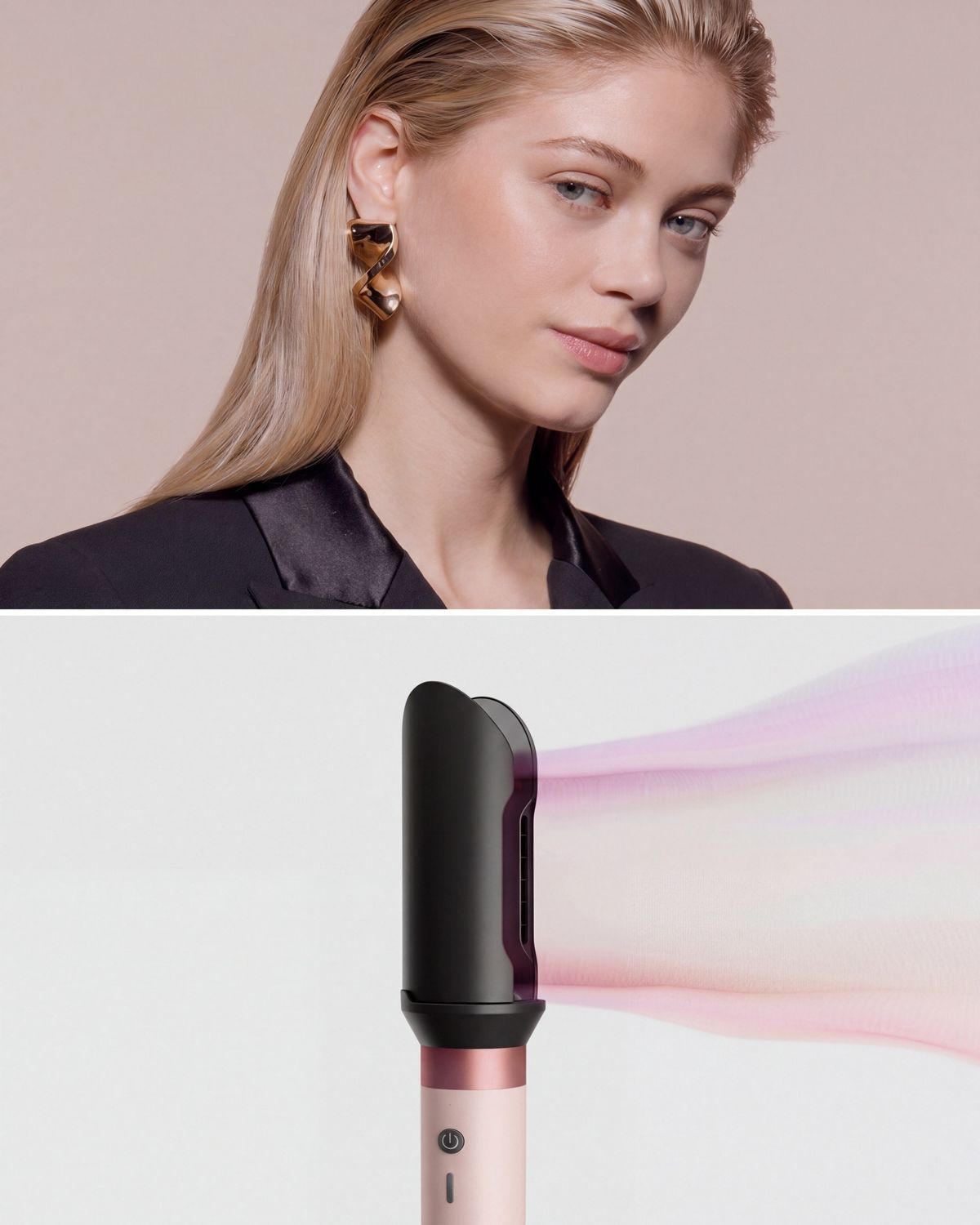 The Dyson Airwrap Co-anda2x multi-styler and dryer with the AirSmooth2x attachment next to a blonde model.