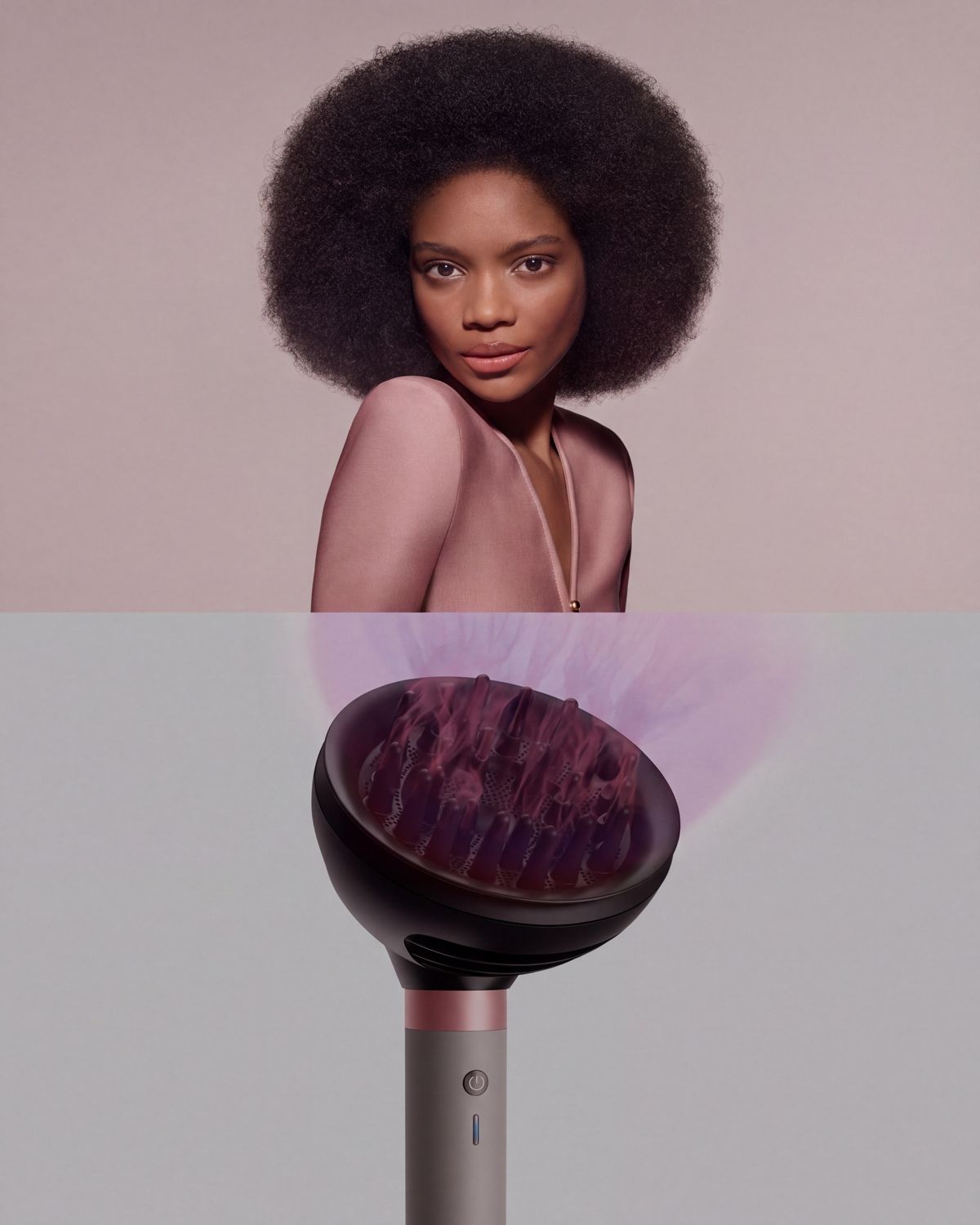 The Dyson Airwrap Co-anda2x multi-styler and dryer with the Wave+Curl diffuser 2x next to a model with dark coily hair.