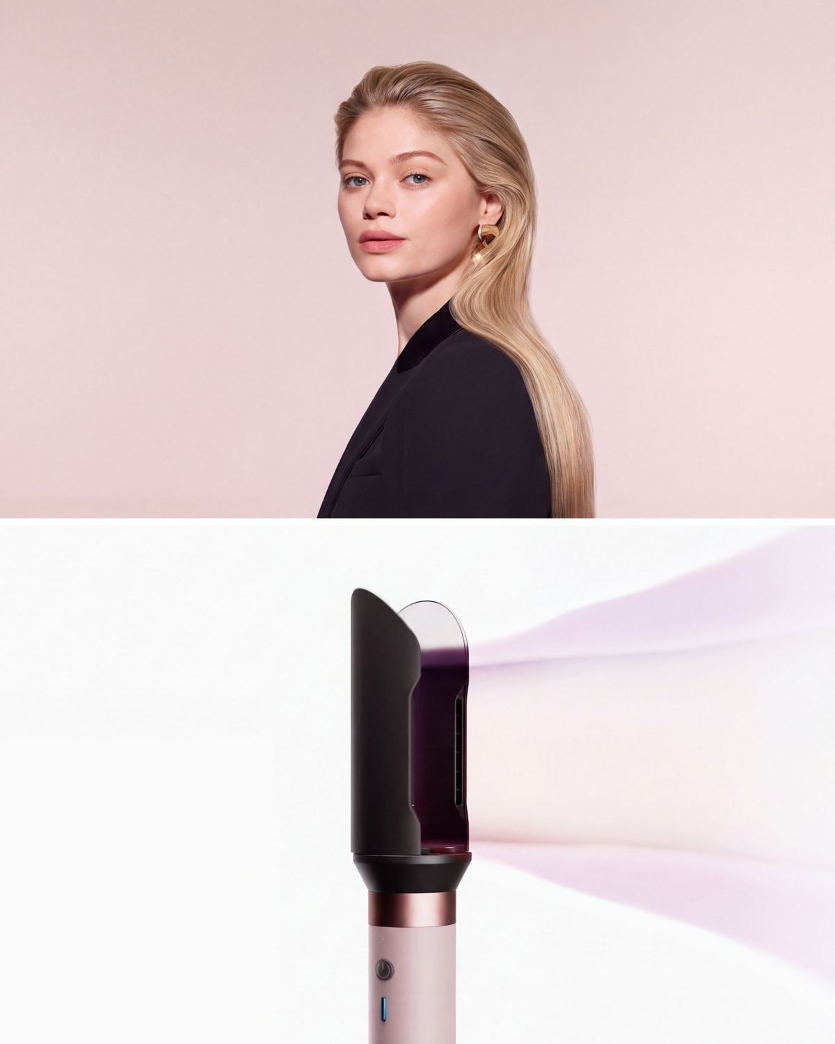 The Dyson Airwrap Co-anda2x multi-styler and dryer with the Airsmooth attachment next to a blonde model.
