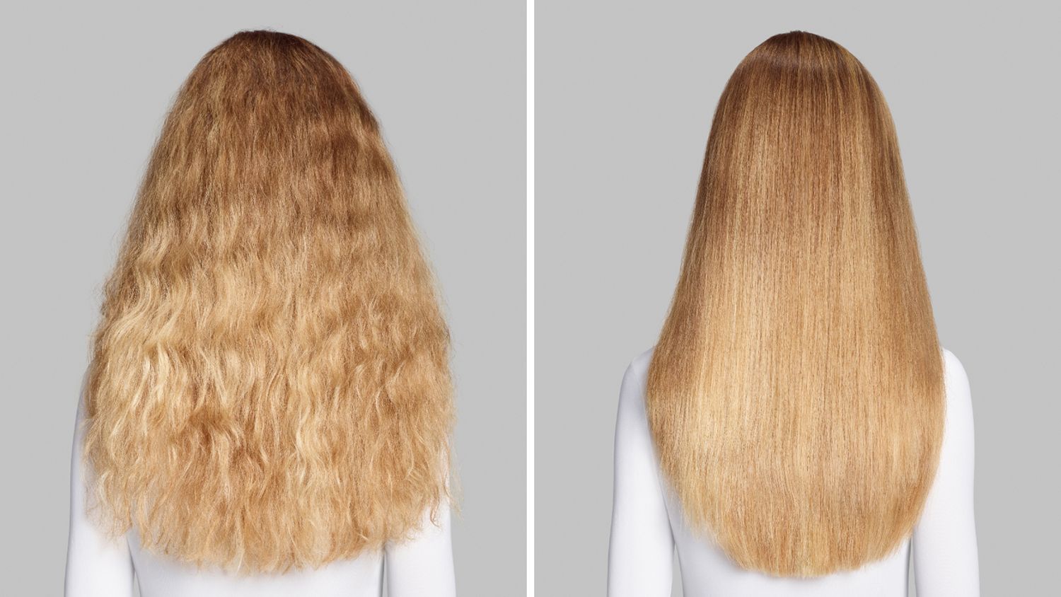 Before and after of naturally wavy blonde hair straightened and smoothed with the Dyson Airwrap Co-anda2x multi-styler.