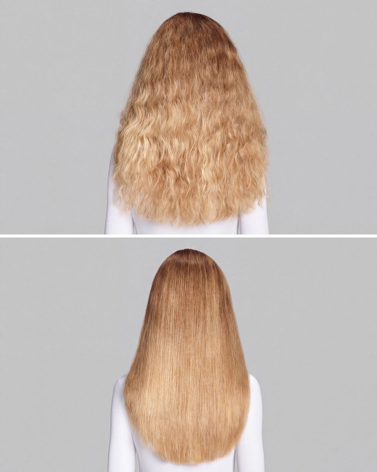Before and after of naturally wavy blonde hair straightened and smoothed with the Dyson Airwrap Co-anda2x multi-styler.