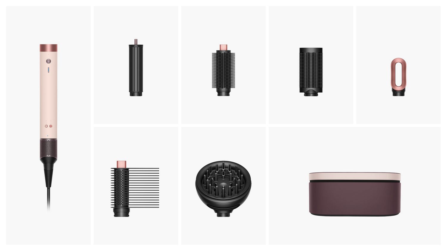 The Dyson Airwrap Co-anda2x multi-styler and dryer with the accessories included in the box.