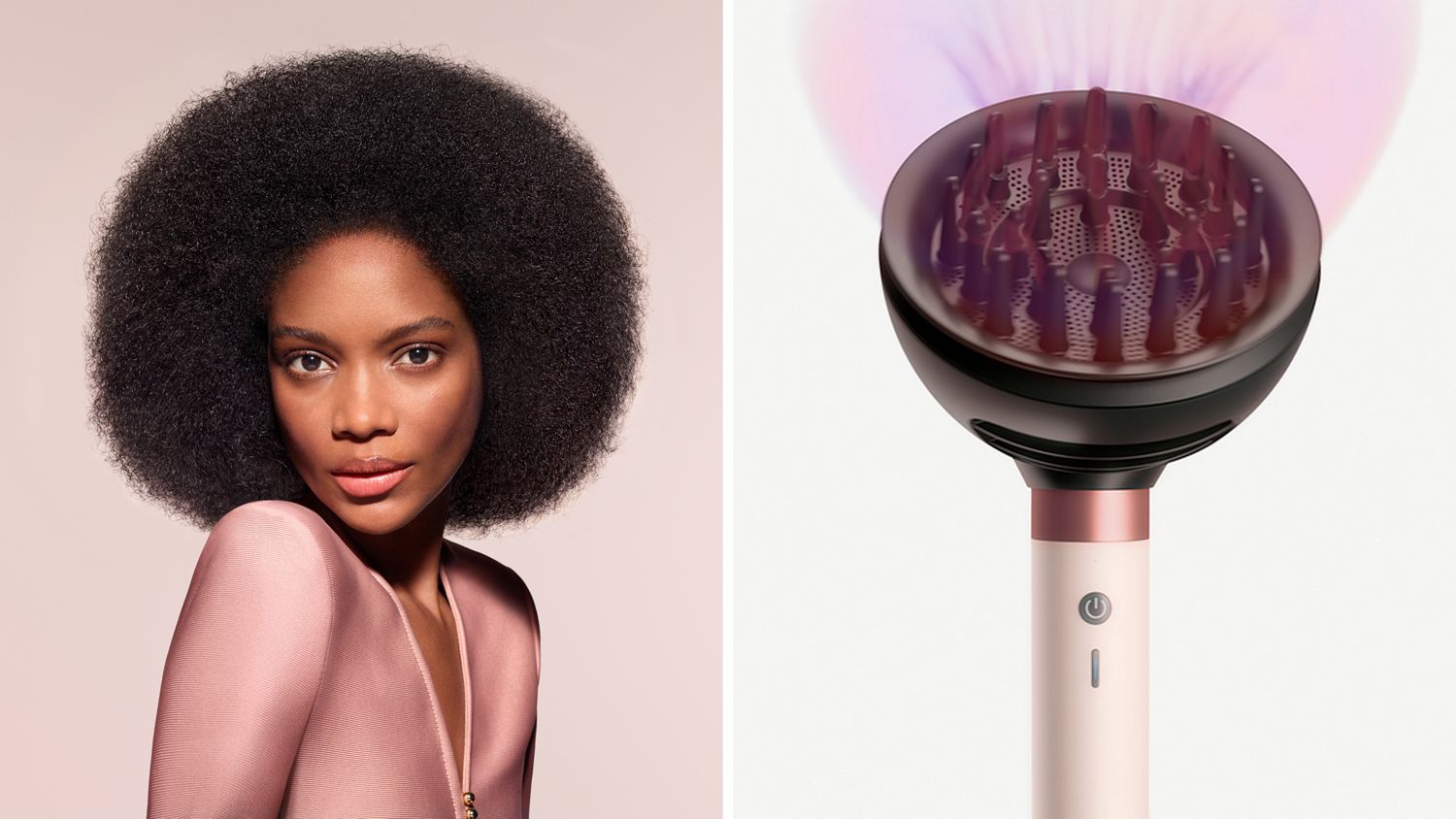 The Dyson Airwrap Co-anda2x multi-styler and dryer with the Wave+Curl diffuser 2x attachment next to a coily haired model.