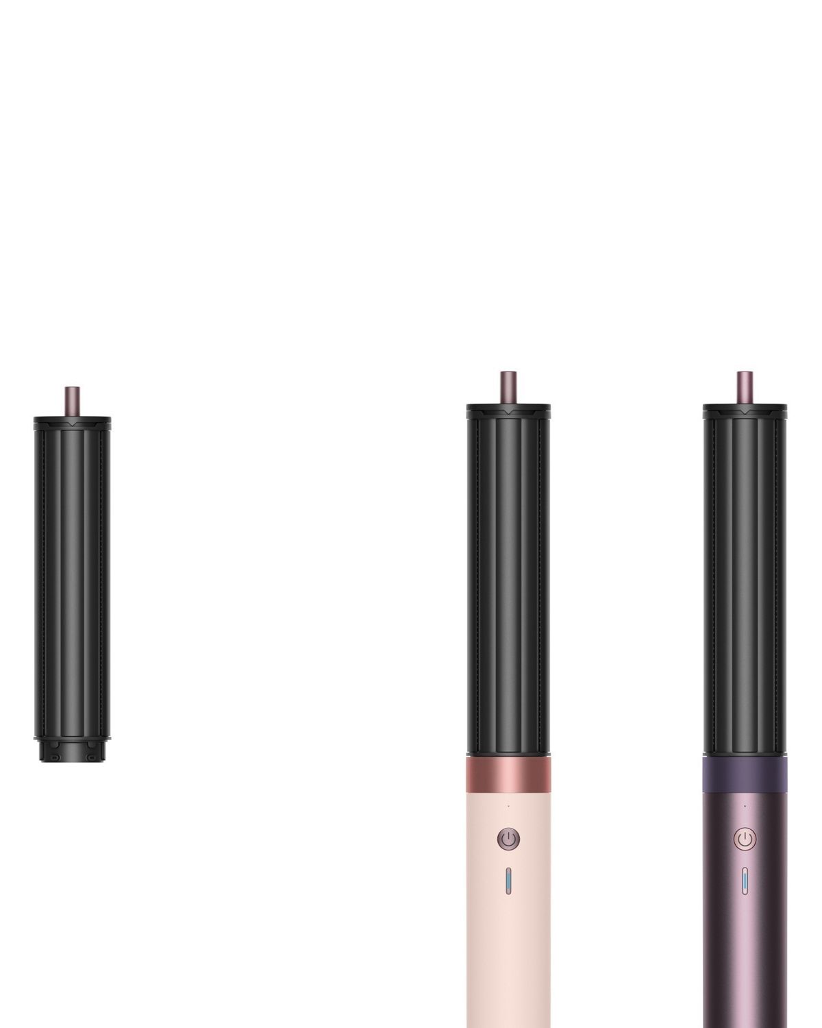 Dyson 40 mm Co-anda2x-krøllespole ved siden af Dyson Airwrap Co-anda2x-multistyler i flere farver.